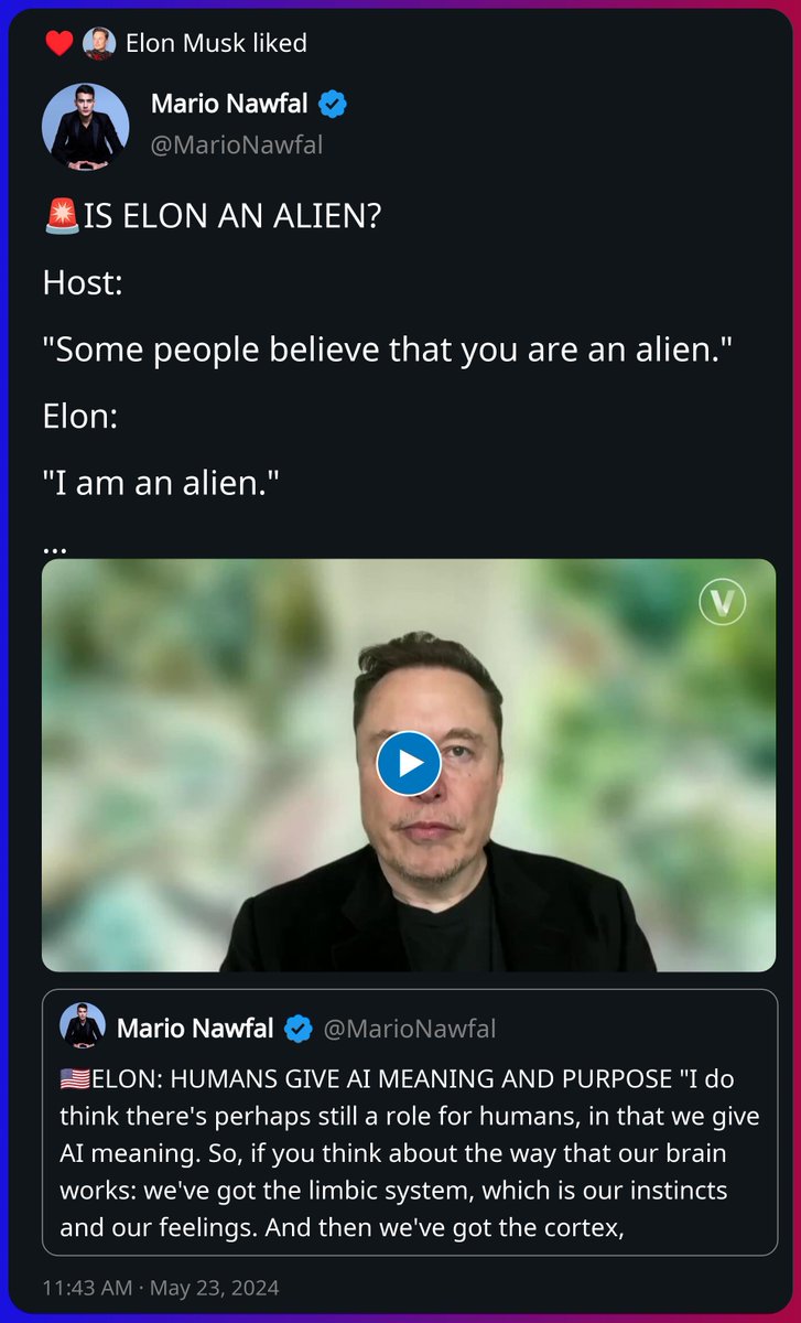 Elon Musk liked a post from Mario Nawfal https://t.co/tnbooTSg4F
