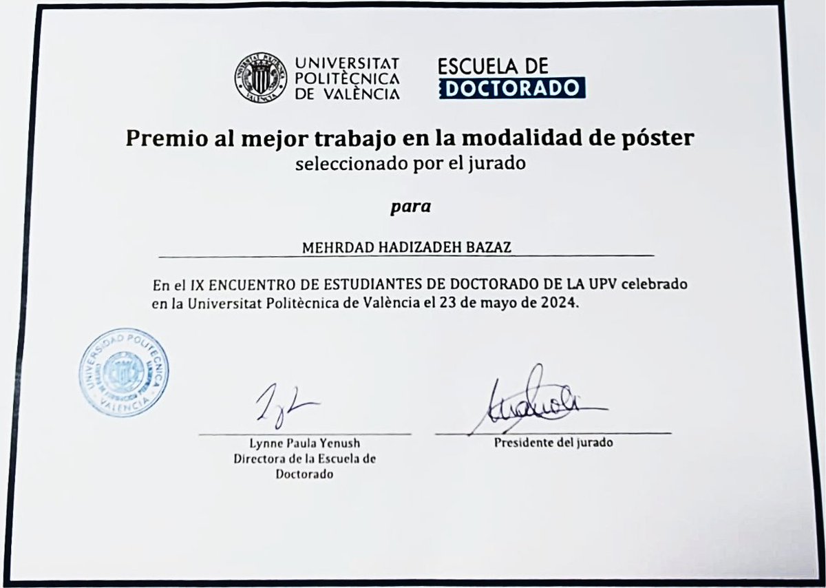 vyepesp's tweet photo. ¡Enhorabuena! Reconocen el esfuerzo de nuestros doctorandos. #ICITECH #HYDELIFE #UPV
Premio para Mehrdad Hadizadeh-Bazaz en el IX Encuentro de Estudiantes de Doctorado
https://t.co/9HULxKgp65 https://t.co/Pg6pwF7RRH