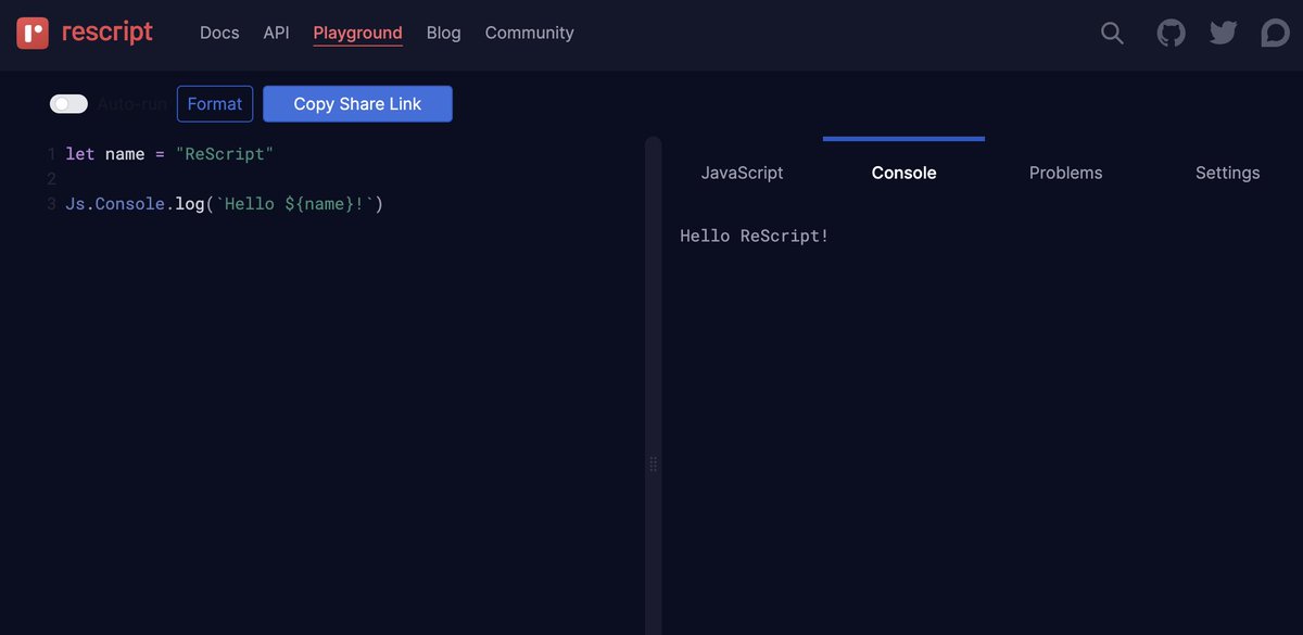 rescriptlang's tweet photo. Thanks to Paul and Florian our new online playground finally runs compiled code! #ReScriptRetreat2024 https://t.co/nuW0AKKsbd