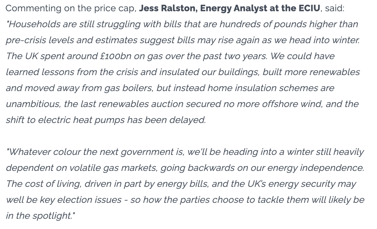 Energy bills to fall as new price cap announced; but @ECIU_UK analysis reveals that average annual dual fuel bill for UK household is still around 40%, or £450, higher than pre-crisis levels: eciu.net/media/press-re…