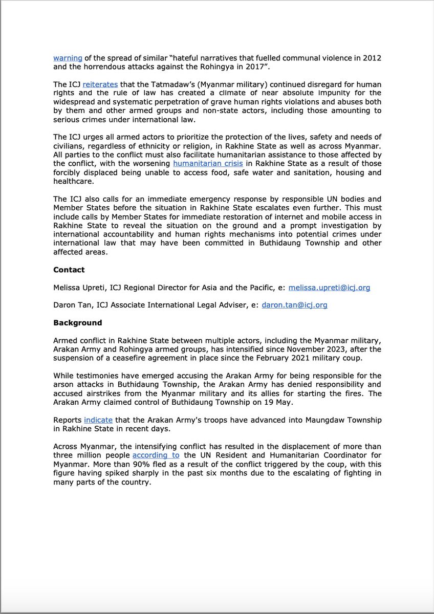 #Myanmar 🇲🇲: @ICJ_Asia condemned the escalation of atrocities against the inhabitants of Buthidaung town in Rakhine State, including the #Rohingya. All parties to the conflict in Rakhine State must respect international humanitarian law. Read more 🔗 icj.org/myanmar-unlawf…