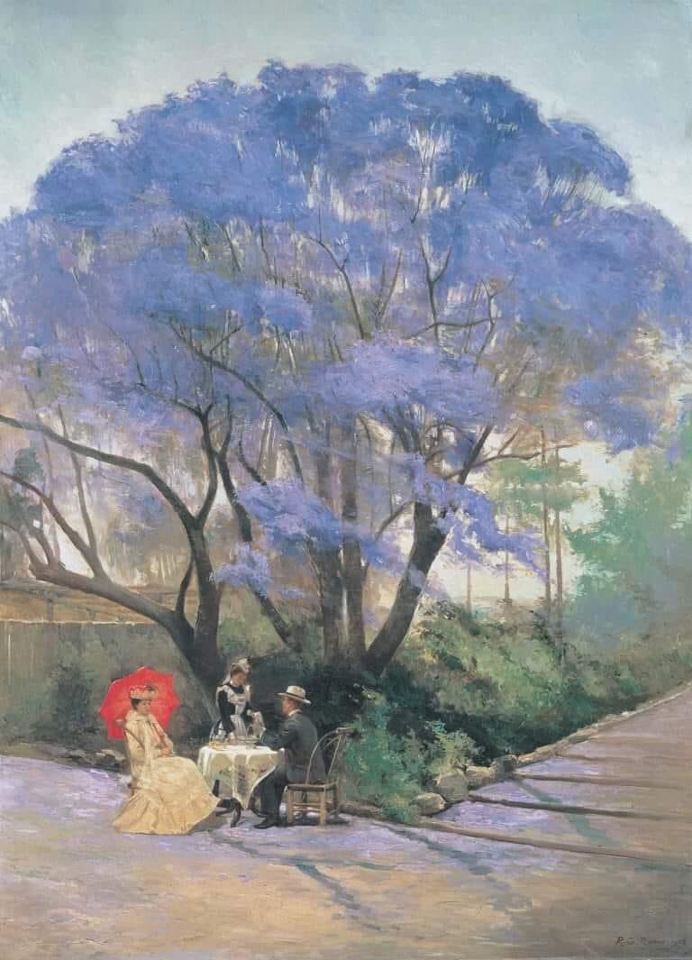 R. Godfrey Rivers (England/Australia 1859–1925) 
"Under the jacaranda" 1903 
Oil on canvas 
143.4 x 107.2cm 
Queensland Art Gallery.