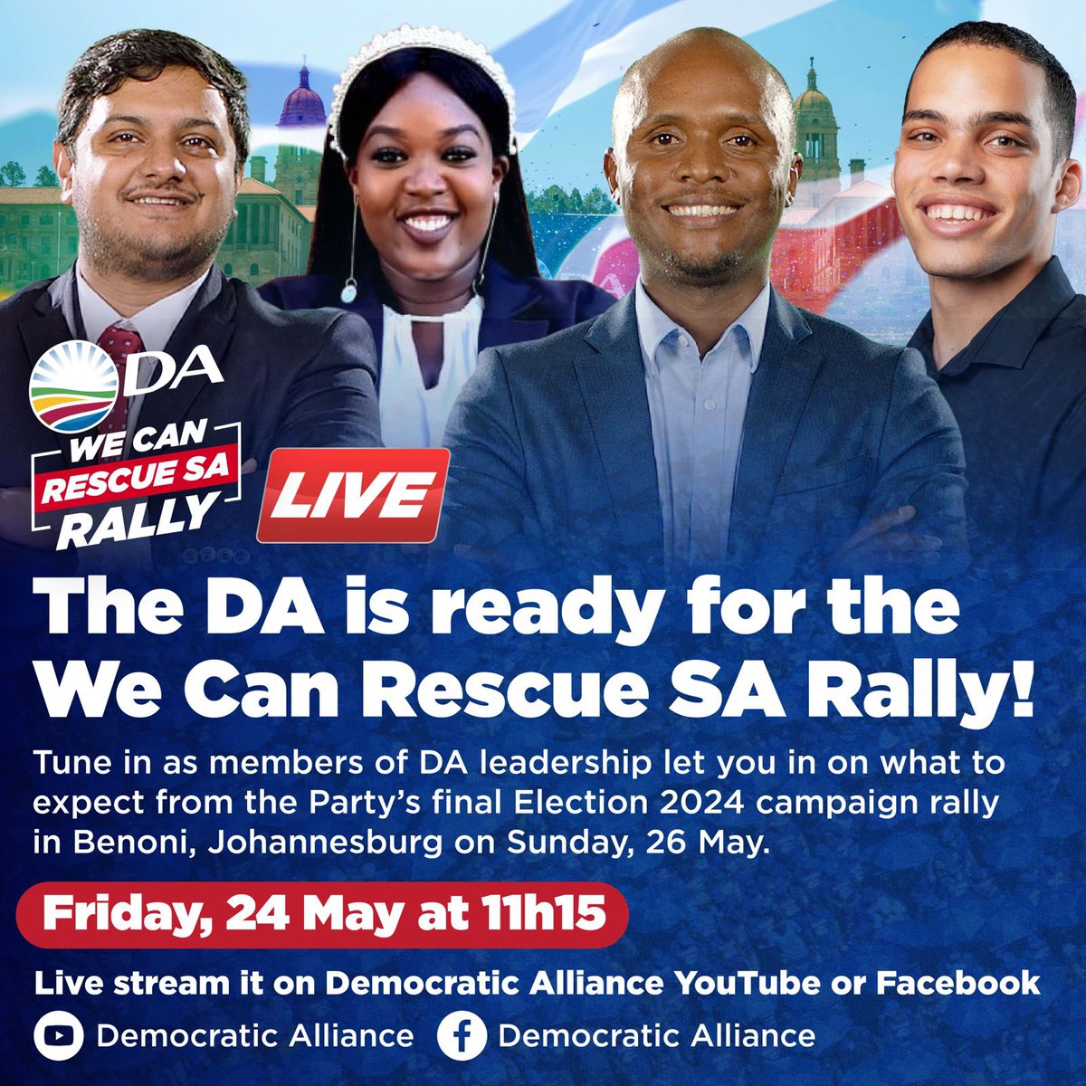 🇿🇦 SA join us today at 11h15 as we get ready for the ‘We can Rescue SA Rally’! Tune in as the DA’s leadership lets you in on what to expect from the Party's Election 2024 campaign closing rally. Together, we can rescue South Africa! Kuzoba lit! 🔥 #RescueSArally #VoteDA