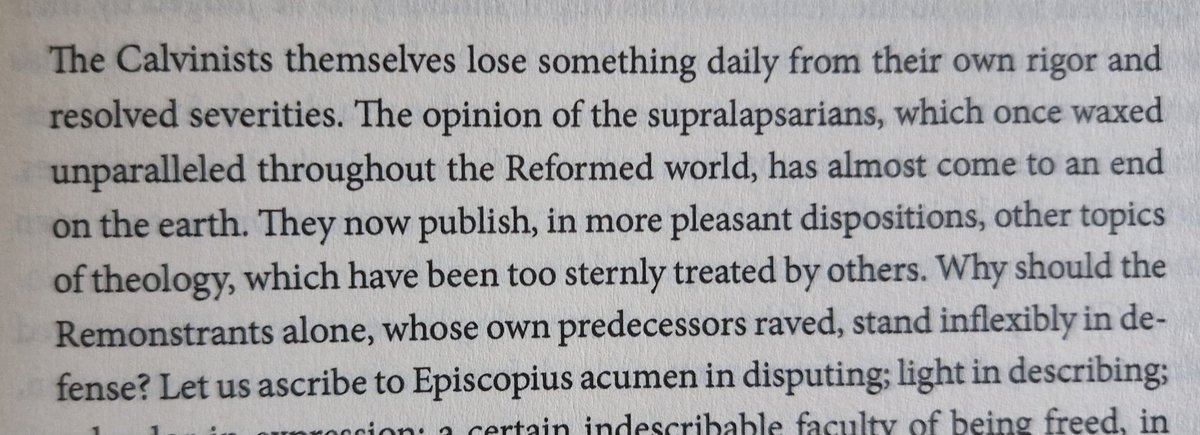 Nicholls also noted a more eirenic tone in continental Reformed theology, which he contrasted with Remonstrant theology continuing to provoke debate and division (p.185):