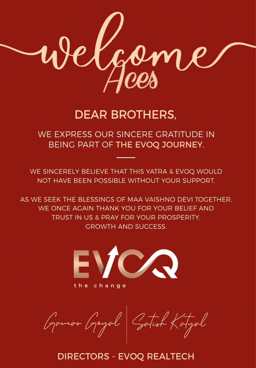 Our Aces and EVOQ- Together in belief, prayers and success! 

This Yatra and Our Journey wouldn’t have been possible without your support.

EVOQ - The game changer of realty

#EVOQ #EVOQRealty #BetheChange #NewEra #Yatra #Journey #JaiMataDi #Prayers #GameChanger #Realty