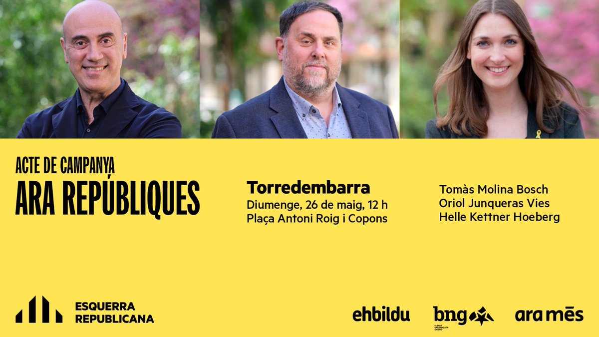📢T'esperem aquest diumenge a #Torredembarra amb <a href="/TomasMolinaB/">Tomàs Molina</a>, <a href="/junqueras/">Oriol Junqueras 🎗️</a> i <a href="/HelleKettner/">Helle Kettner</a> 

🗓️ Diumenge, 26 de maig
⌚️ 12.00h
📍Torredembarra, plaça Antoni Roig i Copons

No hi faltis‼️