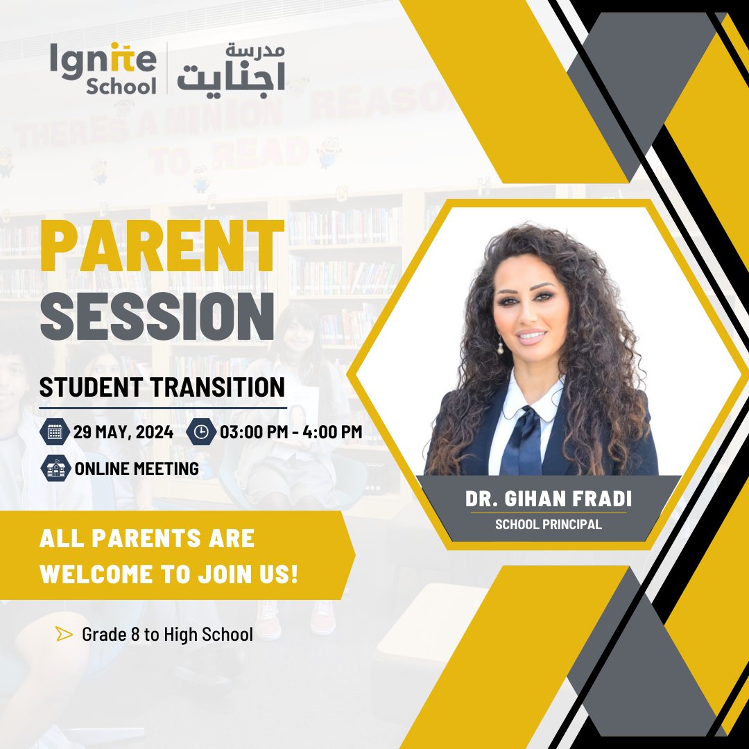 Attention all parents of students transitioning from Grade 8 to High School: You're invited to join us for a Parent Session online meeting on May 29th. We look forward to discussing this important milestone together!
#IgniteSchool #ParentSession #AmericanCurriculum #SchoolinDubai