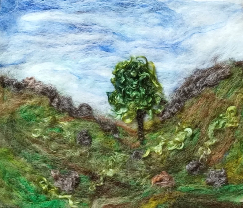 Needle felt picture Sycamore Gap - Sycamore tree on Hadrian's Wall - fibre art picture - 33 X 36 cm. Also available without the frame etsy.me/4bUPtyF via @Etsy #sycamoregap #textileart