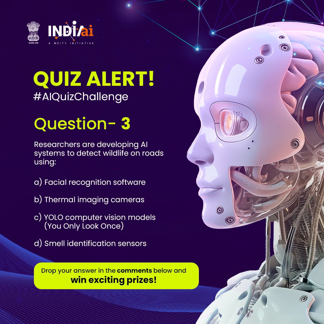 Think you know the answer? Drop it in the comments below! Stay tuned for the fourth question. P.S. Want a shot at winning exciting vouchers? Here's how: -Answer all 5 quiz questions correctly. -Follow INDIAai on ALL platforms: Twitter, Instagram, Facebook, and LinkedIn.