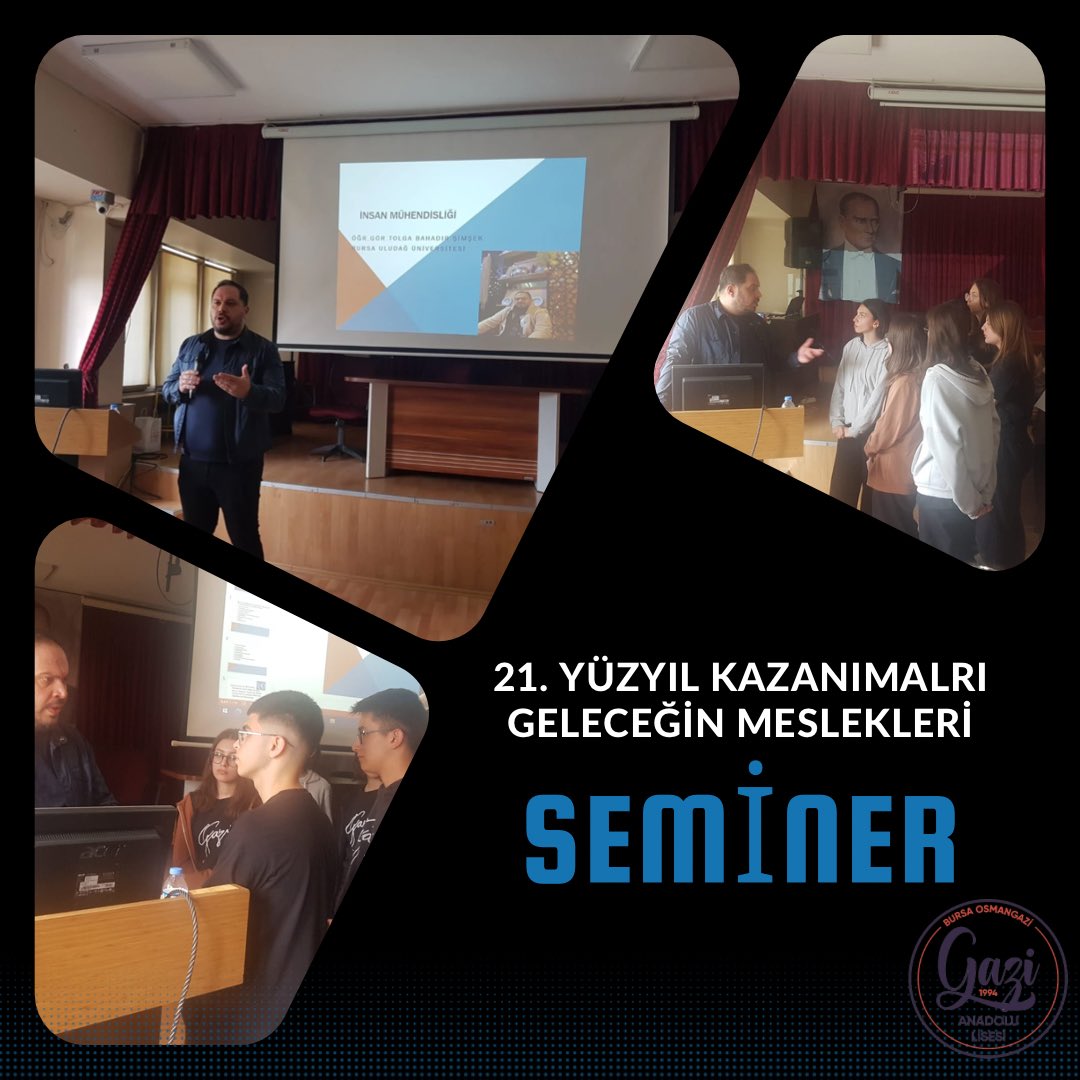 Okulumuz Rehberlik Servisi ve Uludağ Üniversitesi işbirliği ile konferans salonumuzda “21. Yüzyıl Kazanımları ve Geleceğin Meslekleri” konulu seminer gerçekleşmiştirUludağ Üniversitesi Öğretim görevlisi Tolga BahadırŞimşek tarafındansunulan seminer içinkendisine teşekkür ediyoruz