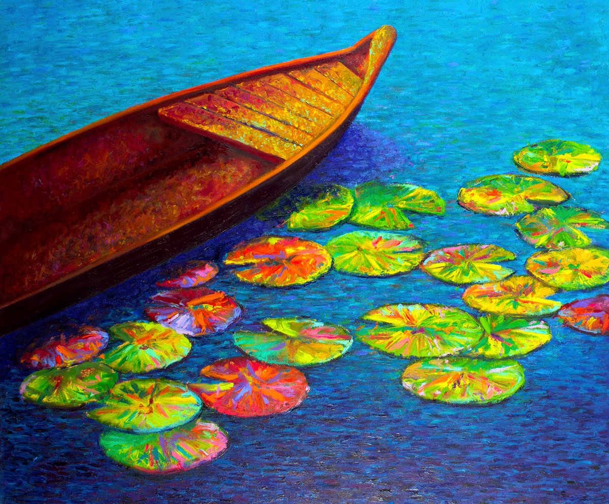 Escape into this dreamy lake scene where a solitary boat rests gently on the still waters surrounded by a profusion of vibrant water lilies.
#vibrantartwork #uniqueartwork #fingerpainting