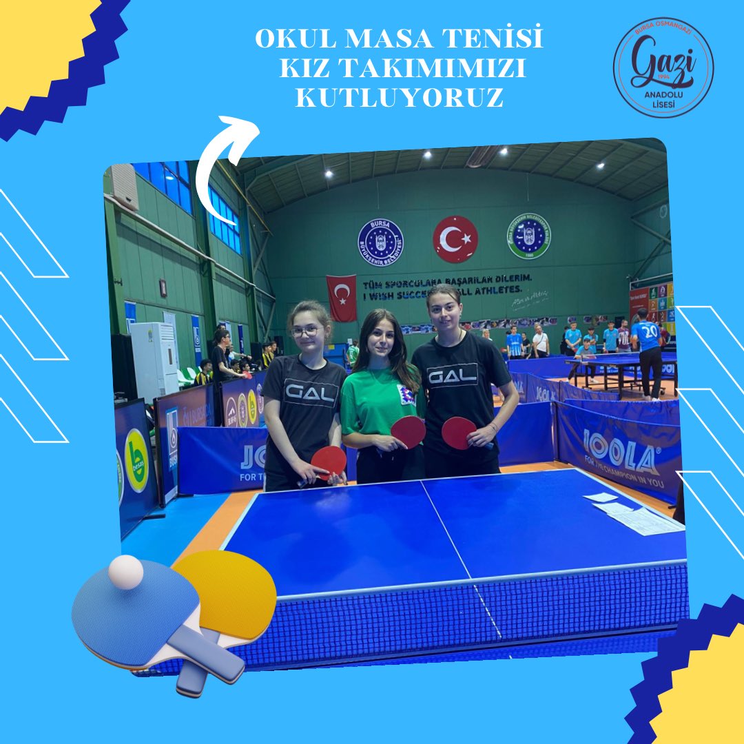 Okulumuz Gazi Anadolu Lisesi Masa Tenisi Kız ve Erkek Takımlarımız bugün oynanan Osmangazi İlçe Müsabakalarında gruptan çıkarak yarı finale çıkmıştır. Yarın müsabakalar devam edecektir. Takımlarımızı tebrik ediyor, başarılarının devamını diliyoruz. #bursagazianadolulisesi