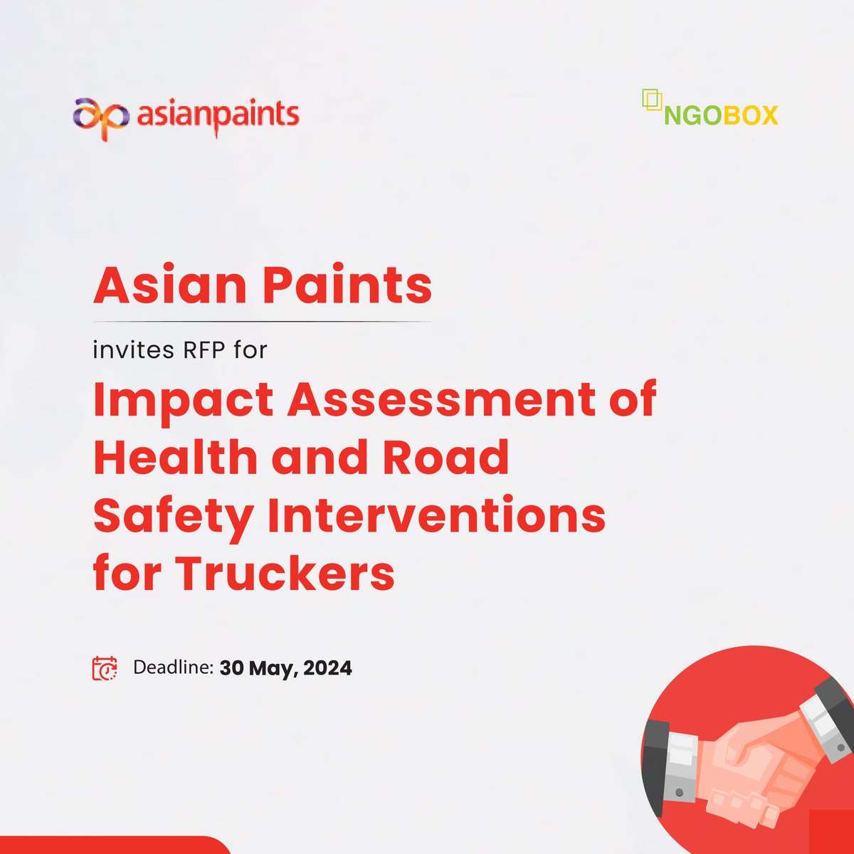 Request for Proposal: @asianpaints  invites RFP for Impact Assessment of Health and Road Safety Interventions for Truckers.
Deadline: May 30, 2024
Apply: ngobox.org/full_rfp_eoi_R…
#RequestforProposal #AsianPaints #ImpactAssessment #HealthAndSafety #Truckers #ApplyNow