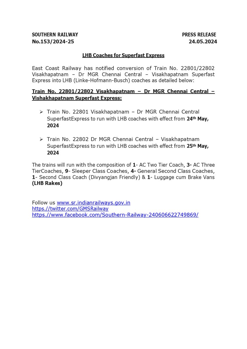 East Coast Railway has notified the conversion of Train No. 22801/22802 #Visakhapatnam – Dr MGR Chennai Central – Visakhapatnam Superfast Express into LHB (Linke-Hofmann-Busch) coaches. Passengers, kindly take note. #SouthernRailway #Chennai #ChennaiCentral #RailwayUpdate