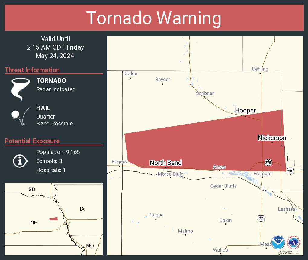 Tornado Warning continues for North Bend NE, Hooper NE and Nickerson NE until 2:15 AM CDT