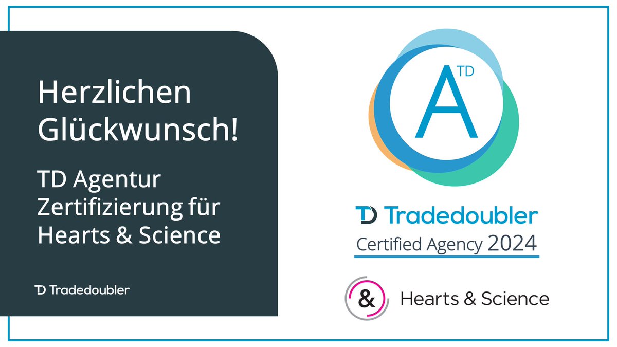 🎉 Grund zum Feiern: Hearts &amp; Science ist auch in diesem Jahr wieder Tradedoubler Certified Agency! Herzlichen Glückwunsch zur erfolgreichen Agentur Zertifizierung an das gesamte Team!
#Tradedoubler #PerformanceMarketing #AffiliateMarketing #CertifiedAgency #hearts&amp;science