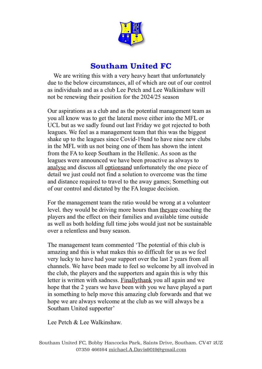 🚨 BREAKING NEWS 🚨

Please take the time to read these letters from Michael Davis &amp; the MGT Team in regards to Lee Petch’s &amp; Lee Walkinshaw’s future at Southam United FC. 

The pair and their families have been welcome additions to the club and will all be deeply missed. (1/3)