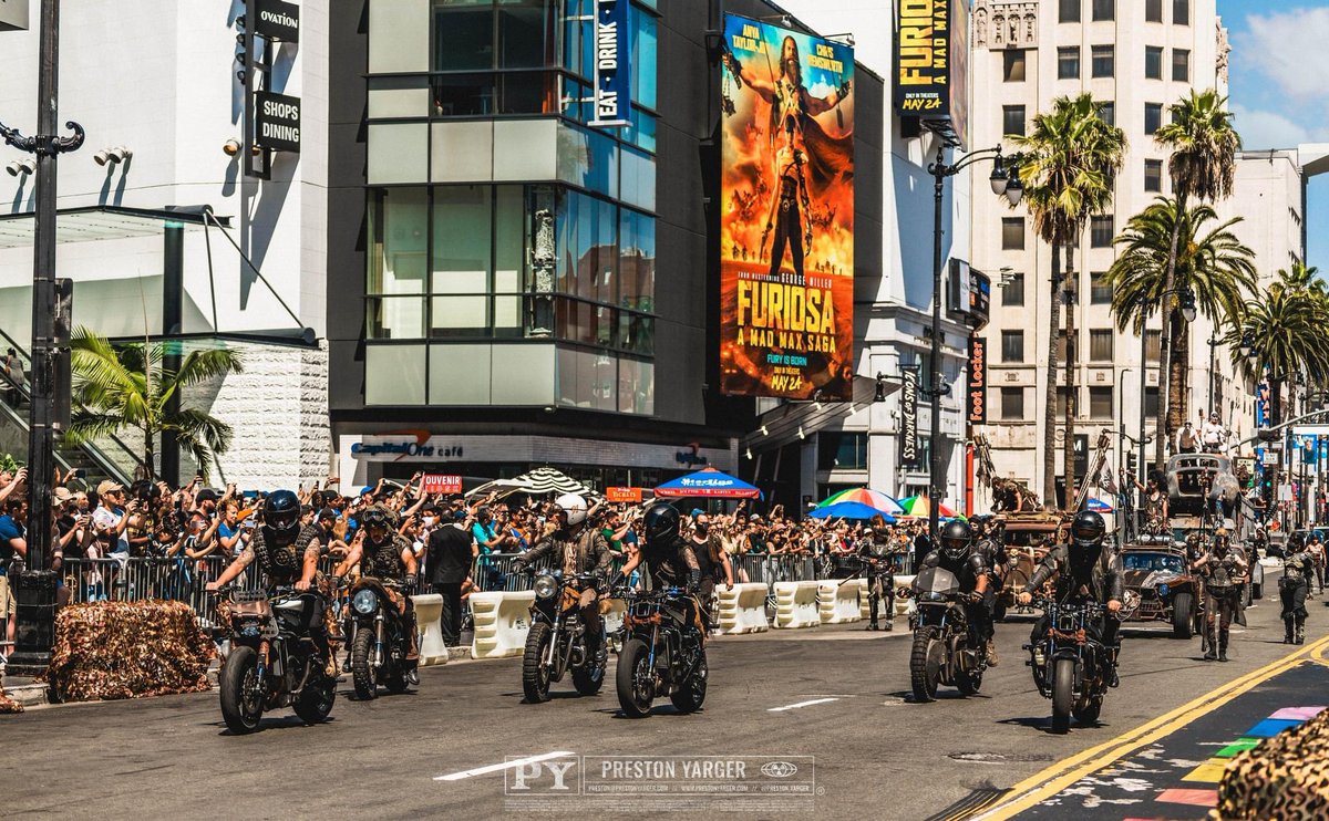 ClaireMax's tweet photo. Fun story from our #furiosa Hollywood Blvd performance:
When the stunt bikers arrived on set for dress rehearsal, they rolled up with their shiny modern motorcycles that were completely out of place for the setting. Of course the performers would be getting wardrobe, but - https://t.co/JSxn2hKZJ8