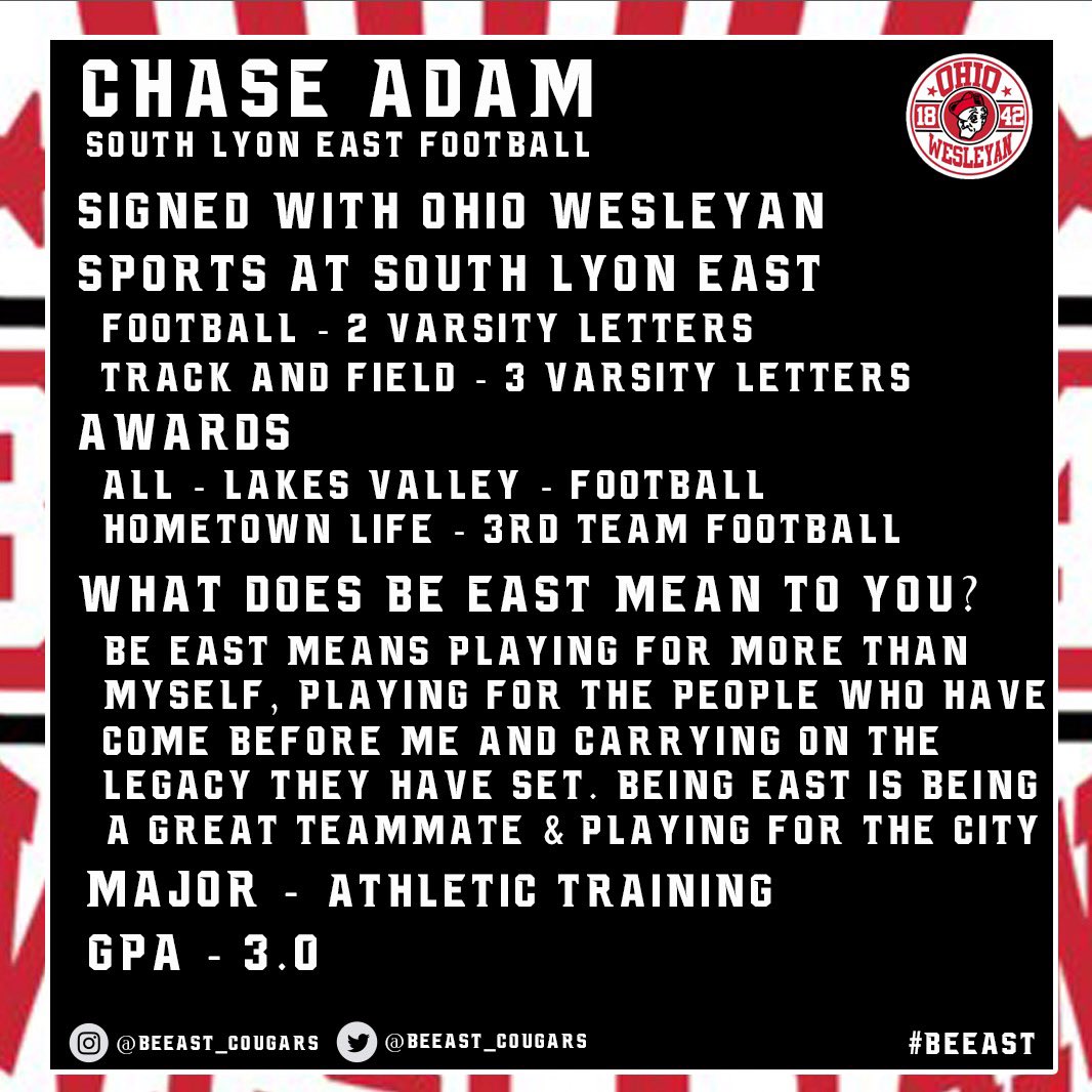 South Lyon East Athletic Department (@beeast_cougars) on Twitter photo Up next is Chase Adam who is signed with Ohio Wesleyan to play <a href="/OWUBishopFB/">Ohio Wesleyan Football</a>! Chase has been an important contributor to <a href="/BeEast_Football/">South Lyon East Football</a> for the last four years! We look forward to seeing what the future holds for Chase! #BeEAST Up next is Chase Adam who is signed with Ohio Wesleyan to play <a href="/OWUBishopFB/">Ohio Wesleyan Football</a>! Chase has been an important contributor to <a href="/BeEast_Football/">South Lyon East Football</a> for the last four years! We look forward to seeing what the future holds for Chase! #BeEAST