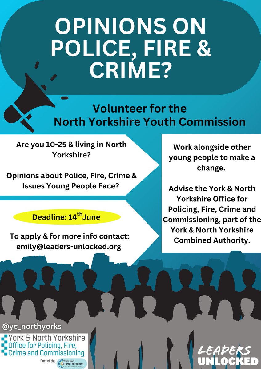 Join the NORTH YORKSHIRE YOUTH COMMISSION to help young people have a greater say! Applications open until 14th June. Drop us a message with any questions ✨