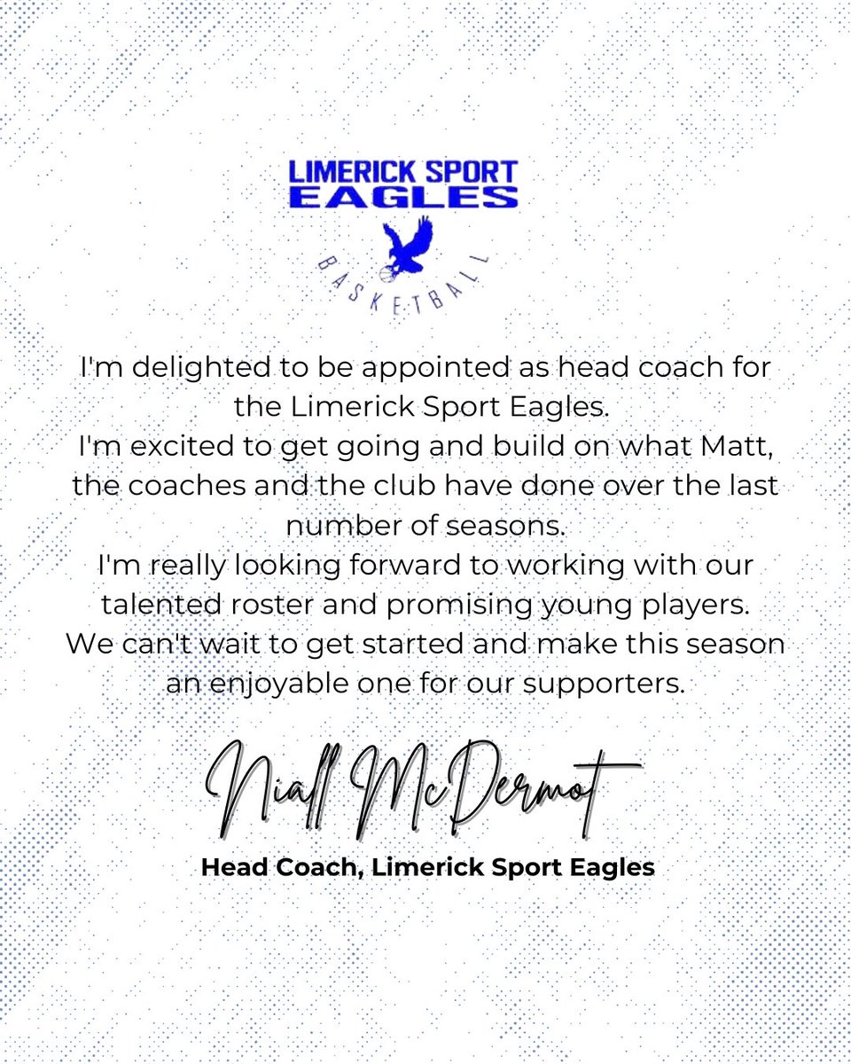 Limerick Sport Eagles ๐ฆ
(@lmksporteagles) on Twitter photo Congratulations <a href="/NiallMcD/">Niall McDermott</a> on being officially appointed as head coach for eagles next season ๐ฆ
#limericksporteagles #limerickisblue Congratulations <a href="/NiallMcD/">Niall McDermott</a> on being officially appointed as head coach for eagles next season ๐ฆ
#limericksporteagles #limerickisblue
