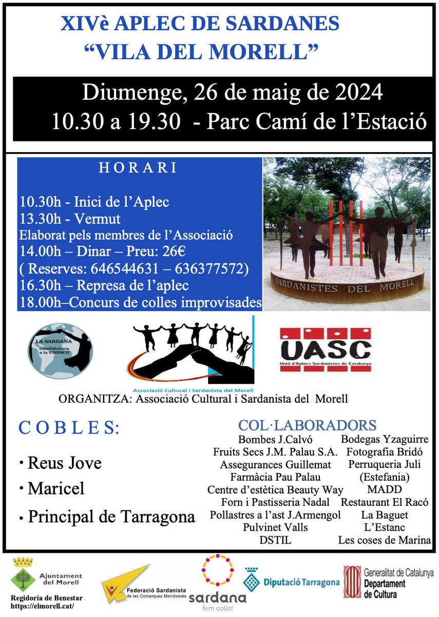 📒Apunteu a l'agenda

👉14è. Aplec de la Sardana
🗒️26 de maig de 2024.
⏰10.30 h / 16.30 h
📍 Parc Camí de l'Estació
📍El Morell
🎼Cobla Reus Jove
🎼Cobla Maricel Xarxes
🎼Cobla La Principal de Tarragona

<a href="/CoblaReusJove/">Cobla Reus Jove</a> <a href="/coblaprincitgna/">Cobla Principal de Tarragona</a> @ajuntamentelmorell <a href="/somsardana/">SomSardana</a>