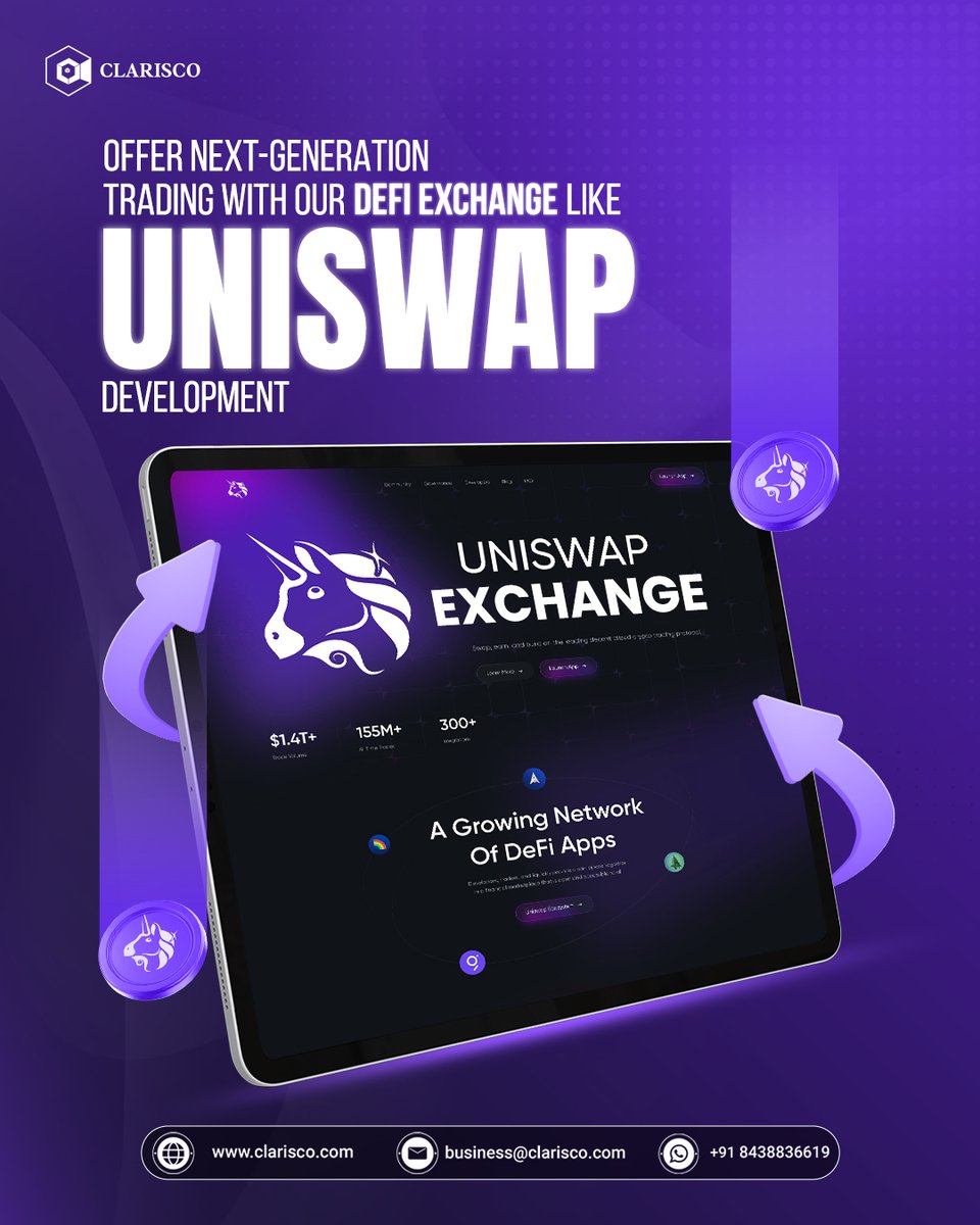 ClariscoSol's tweet image. Dreaming of launching your own DeFi Exchange? Our expert team specializes in crafting platforms inspired by Uniswap, offering unbeaten liquidity.
tinyurl.com/2rua252c

#Clarisco #DeFiExchange #DeFi #Uniswap #DecentralizedExchange #CryptoTrading 
#DeFiCommunity  #Uniswapclone