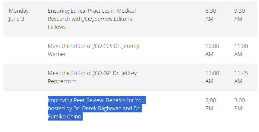 ✍️Excited to present in the #ASCO24 @ASCO Publications Lounge in a session I have short hand named 'Peer Review & You' 📅Monday, June 3 ⏰2-3pm We will be talking #peerreview for trainees/JR faculty, how it can help your career, and also improve your research & academic writing.