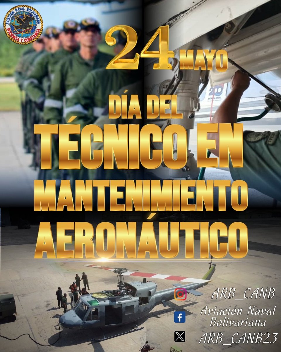 📌 Hoy #24MAY el <a href="/ARB_CANB23/">Aviacion Naval Bolivariana</a> se honra en felicitar a todos los Técnicos en Mantenimiento Aeronáutico, en especial a nuestros Combatientes Aeronavales que día a día trabajan por garantizar y mantener nuestro nivel de apresto operacional al maximo, BZ!