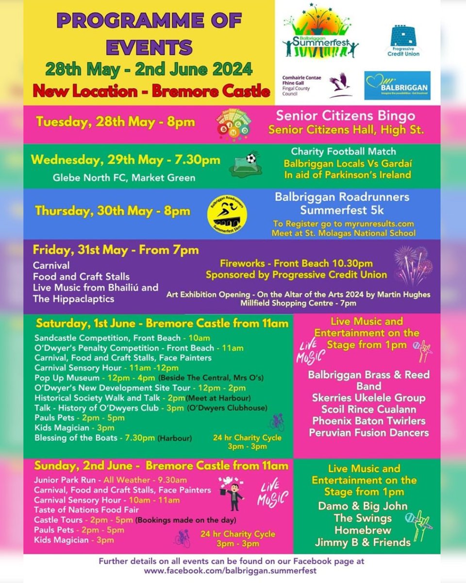 More fun events coming to Balbriggan as Balbriggan Summerfest RETURNS! 🤩

Happening at Bremore Castle, Balbriggan Summerfest begins on May 28th until June 2nd.

Fun for all the family, get involved & enjoy the selection of sport, music, food & art events happening. 😃