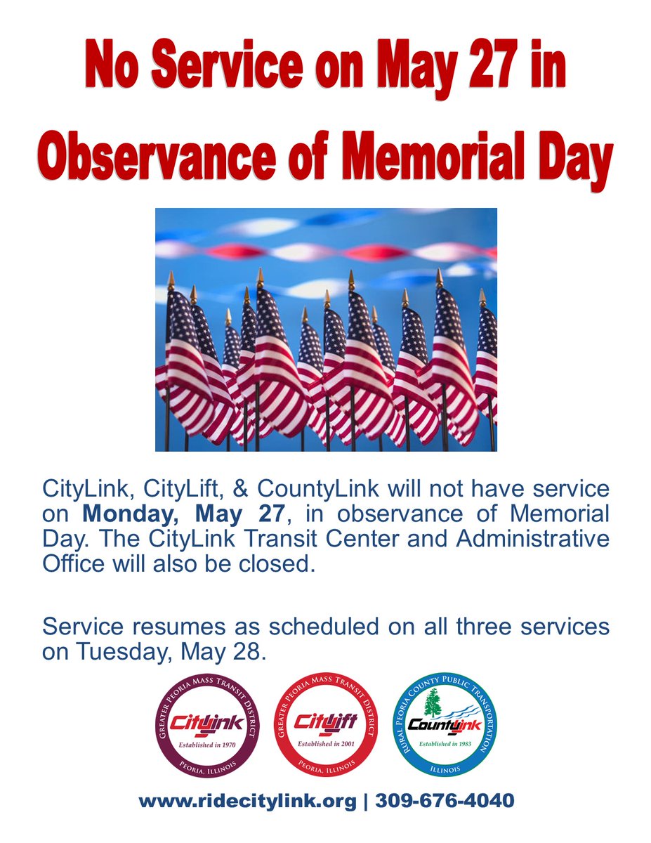 Happy Memorial Day! CityLink honors the United States Military with celebration and reflection. Full public transportation service resumes on Tuesday, 5/28 for CityLink, CityLift, and CountyLink.
