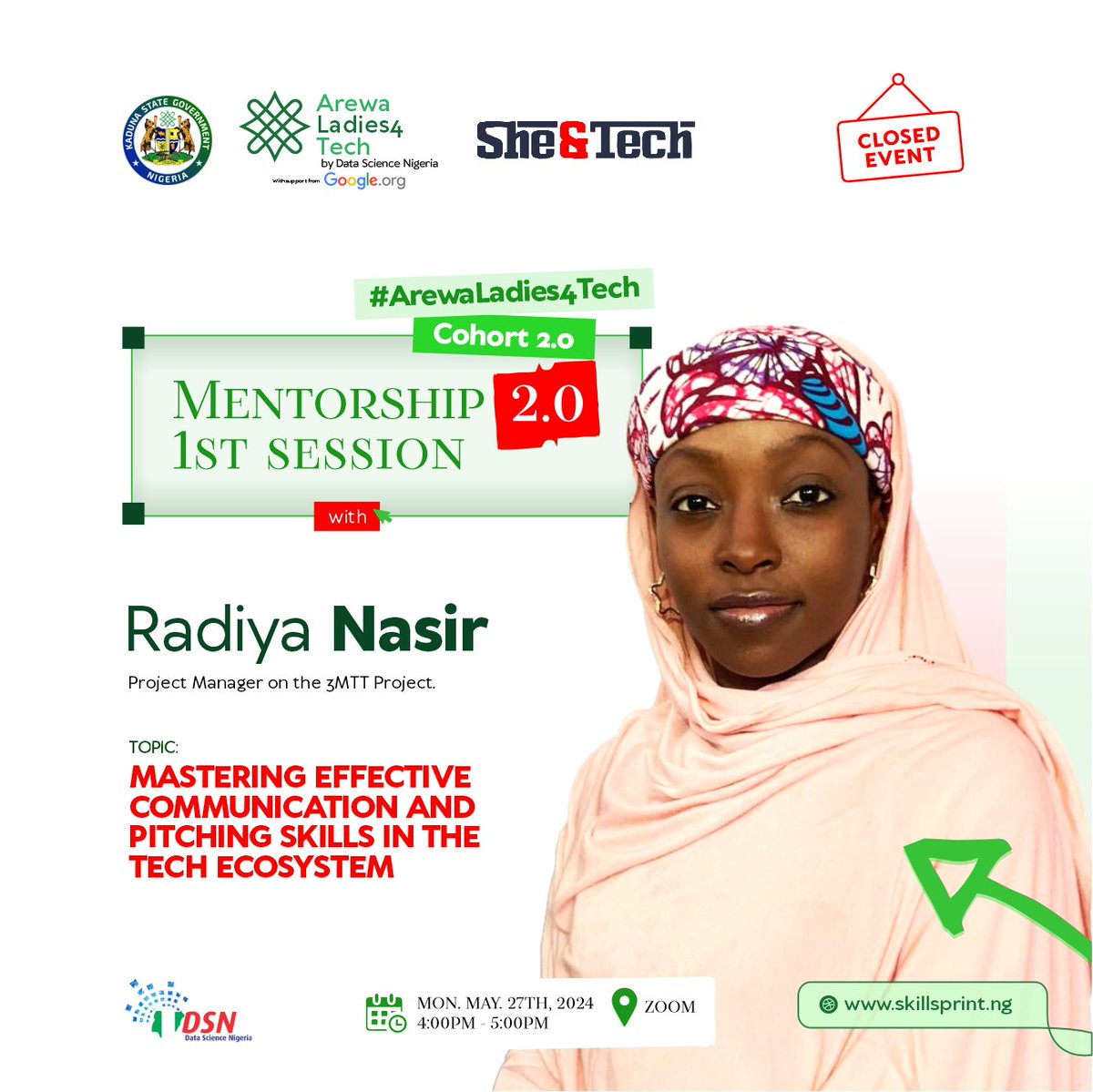 Hello #ArewaLadies4Tech Cohort 2.0 participants! Our 2nd mentorship session is on Monday, 27th May 2024. Join Radiya Nasir, a project manager from @NITDANigeria to learn 'Mastering Effective Communication and Pitching Skills in Tech.' Time: 4:00-5:00 PM.