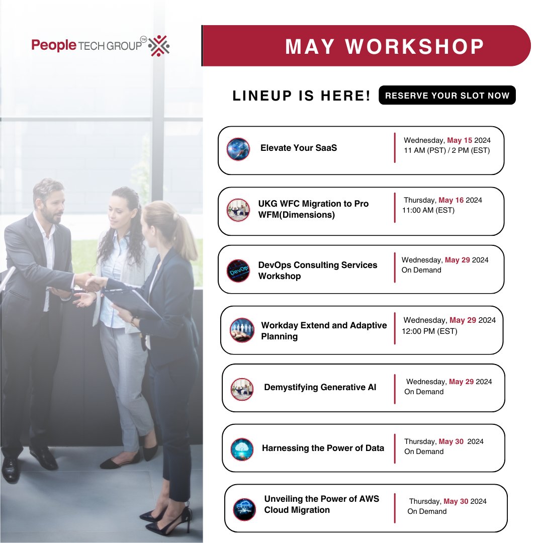 Don't miss out on exciting business opportunities this May!

Time is running out—secure your spot now: peopletech.com/workshops-or-e…

#peopletechgroup #GenerativeAI #AWSCodePipeline #PeopleSofttoCloudorWorkday #WorkdayAdaptivePlanning #DataAnalytics
