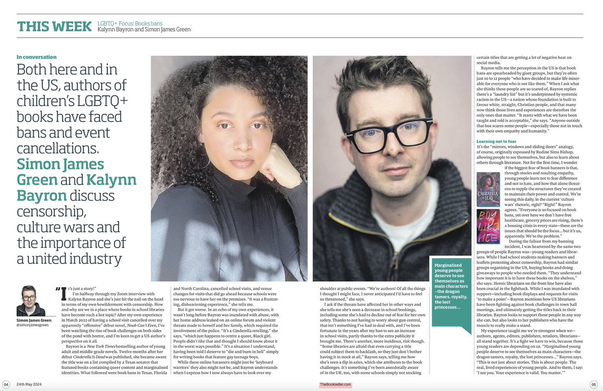 Happy to have contributed this piece for @thebookseller LGBTQ+ edition where @KalynnBayron and I chat about our experiences of censorship and book bans. Important we continue to talk about, and fight, this.