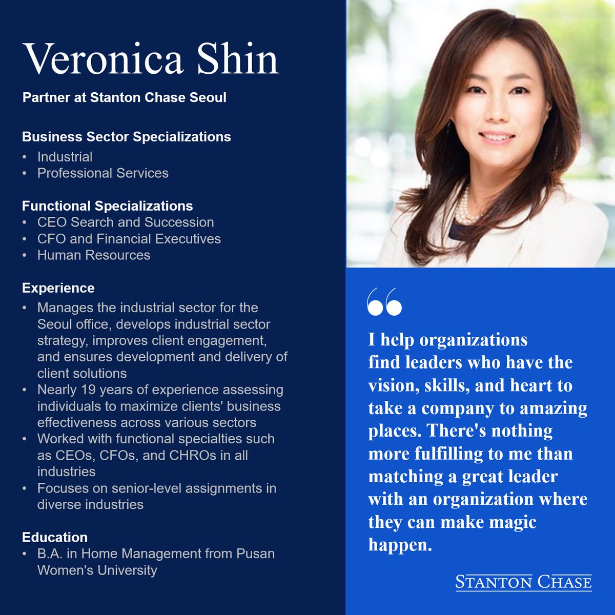 📢 Introducing Veronica Shin, a Partner at Stanton Chase Seoul.

Click here to learn more about her ➡️ t.ly/ISLh3

#industrial #professionalservices #ceosearch #cfosearch #humanresources #executivesearch #executiverecruitment