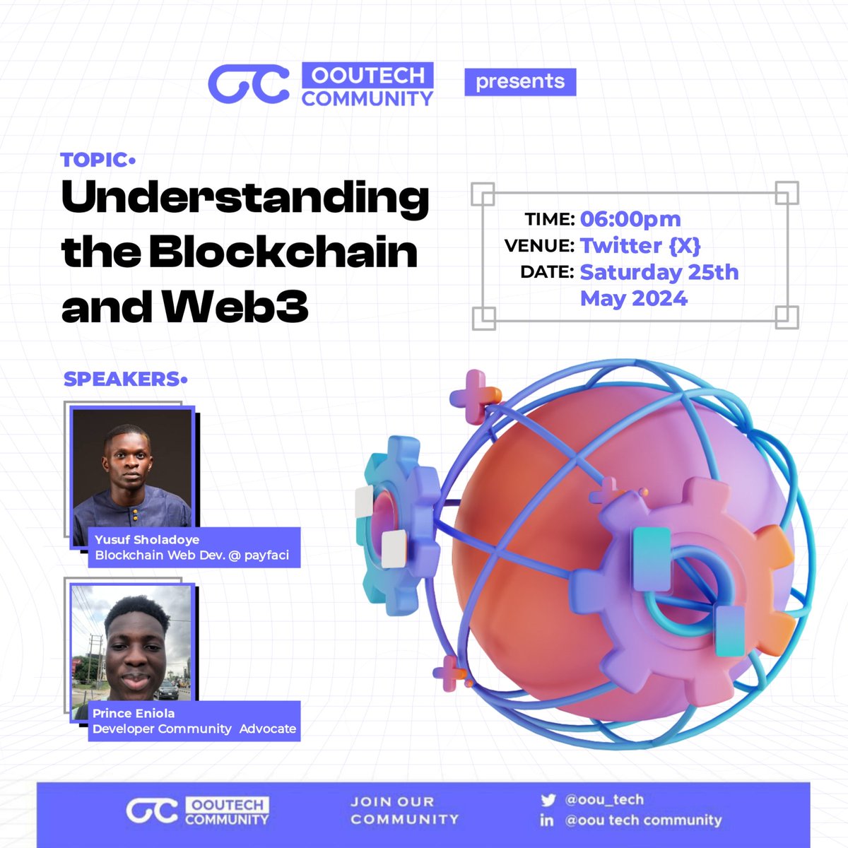 OOU_Tech's tweet photo. 💻Many students interact with Web3 🌐 daily without even knowing it!

Join us &amp; learn from industry experts @peejaytheprince &amp; @oye_sholatel . 

📅 Saturday, May 25th
🕕 6:00 PM WAT
📍 Twitter Space
🔗 https://t.co/rVcz5PohxB

👆Set your reminders ⏰

#Web3 #Blockchain https://t.co/GfCUDqDhtP