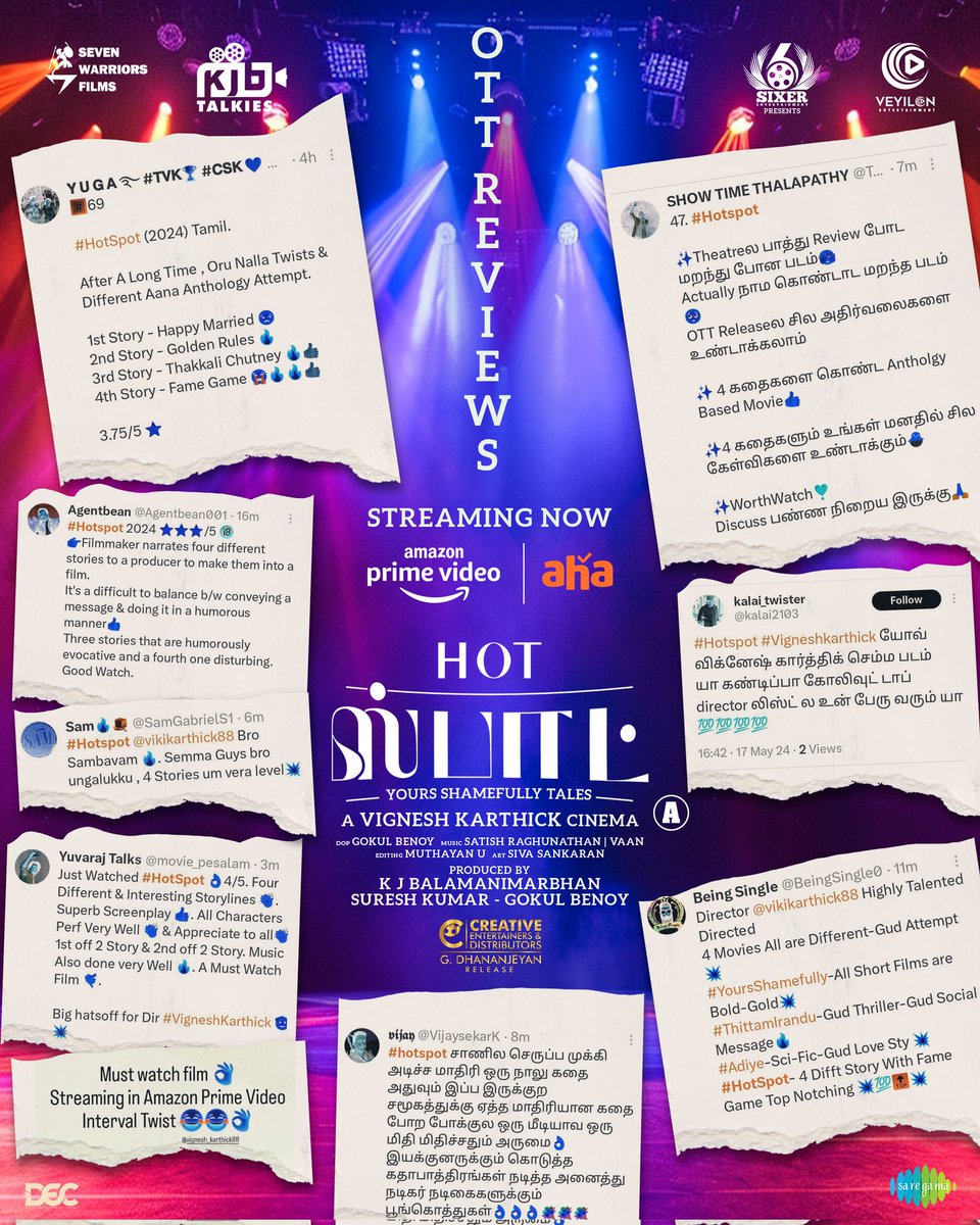 Velu (@pro_velu) on Twitter photo Nee Paartha Paarvaikoru nanri❤️
Overwhelmed to receive all these responses after the OTT release!⭐️
#HotSpot now streaming on @PrimevideoIN and <a href="/ahatamil/">aha Tamil</a>
🔗: app.primevideo.com/detail?gti=amz…
🔗:aha.video/movie/hot-spot
<a href="/vikikarthick88/">vignesh karthick</a> <a href="/KJB_Talkies/">KJB Talkies</a> @KJB_iambala #Sevenwarrior <a href="/SixerEnt/">Sixer Entertainment</a> Nee Paartha Paarvaikoru nanri❤️
Overwhelmed to receive all these responses after the OTT release!⭐️
#HotSpot now streaming on @PrimevideoIN and <a href="/ahatamil/">aha Tamil</a>
🔗: app.primevideo.com/detail?gti=amz…
🔗:aha.video/movie/hot-spot
<a href="/vikikarthick88/">vignesh karthick</a> <a href="/KJB_Talkies/">KJB Talkies</a> @KJB_iambala #Sevenwarrior <a href="/SixerEnt/">Sixer Entertainment</a>