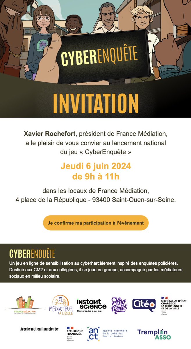 [#Savethedate] 🗓️ Rendez-vous le 6 juin 2024 à Saint-Ouen pour l'évènement de lancement du jeu numérique de <a href="/FranceMediation/">France Médiation</a> développé avec <a href="/instantscience/">Instant Science</a> et Citéo ! 
Inscrivez-vous : urlz.fr/qO6a