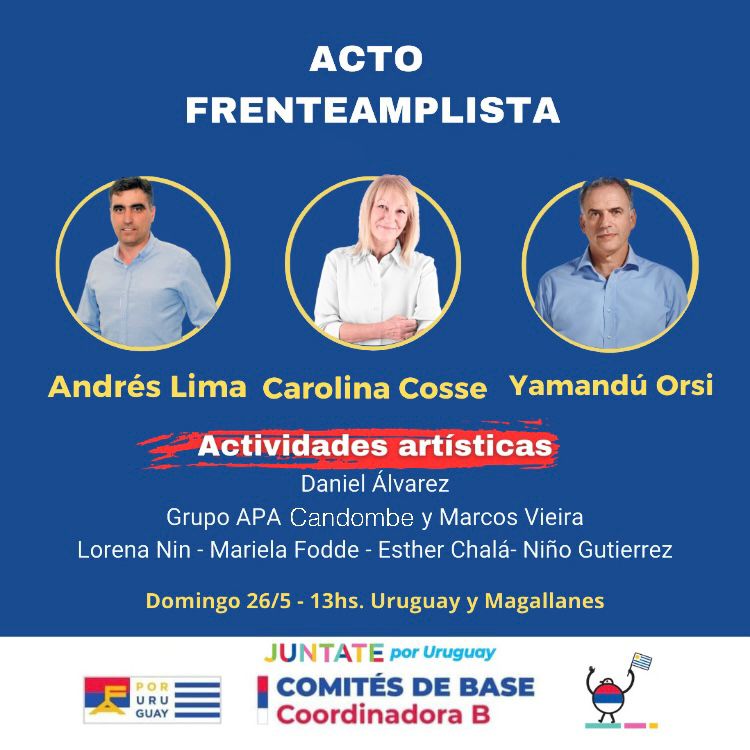 Te invitamos este Domingo 26 a las 13hs a participar de un nuevo acto en nuestro municipio B. Para seguir escuchando y apoyando a @cossecarolina @orsi.yamandu y
@andreslima.uy ❤️💙🤍
Además, este acto
cuenta con la participación de múltiples artistas para  disfrutar. JUNTATE ❤️