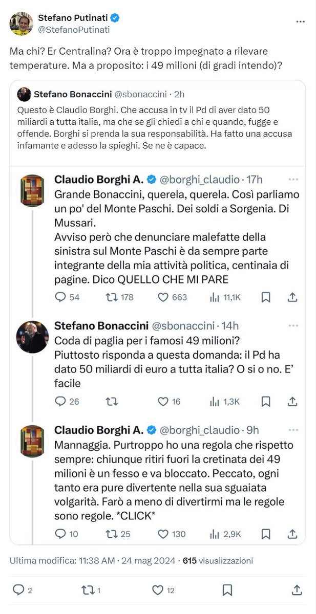 Pare che Putinati amico avvocato di Burioni, sia in cerca di una querela di @Borghi_Claudio e della Lega. La storia dei '49 milioni' della Lega non l'hanno capita neanche dopo che gliel'ha spiegata Luca Telese che non è proprio della Lega. x.com/flayawa/status…