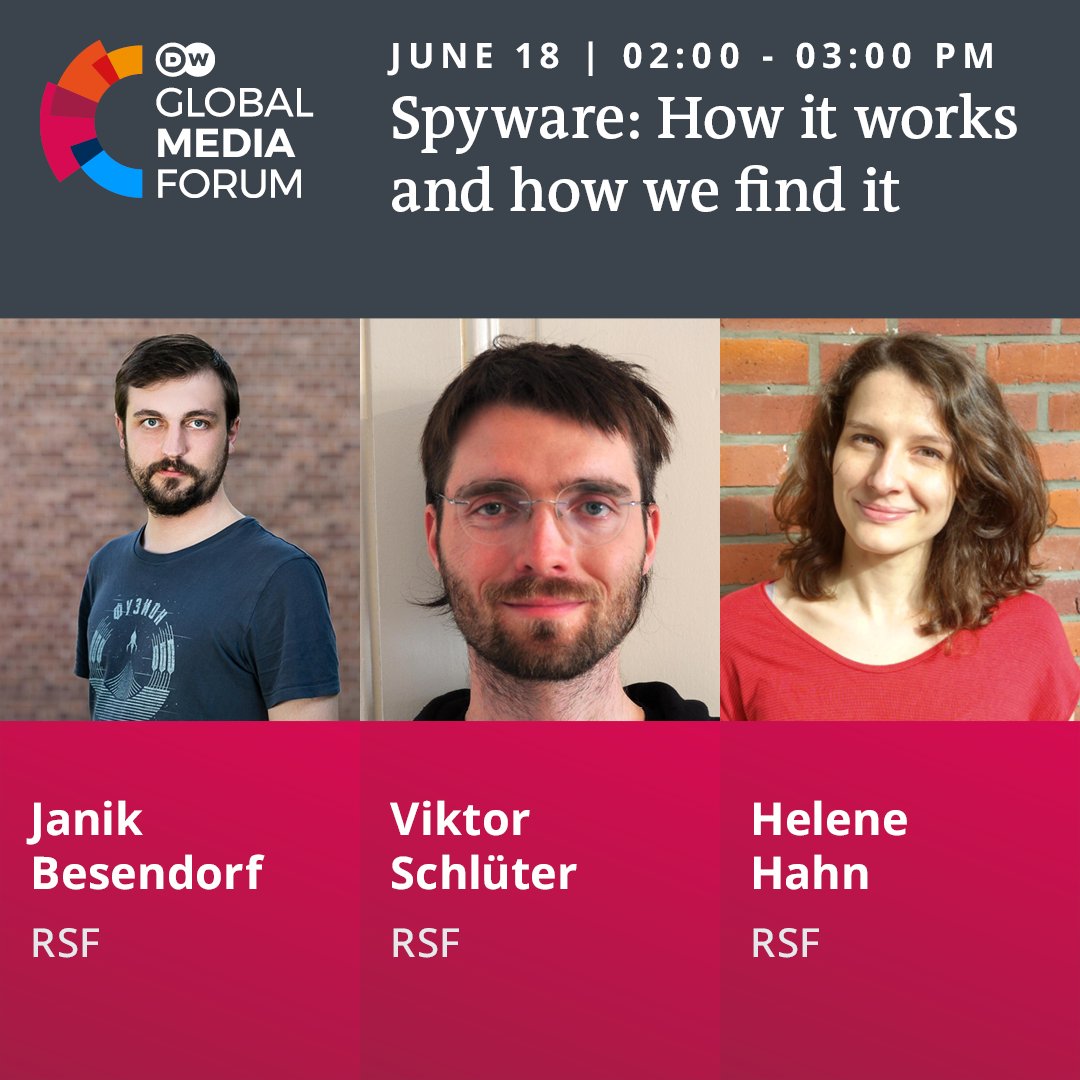 DW Global Media Forum (@dw_gmf) on Twitter photo Spyware is an increasing global threat to press freedom. In their session at #GMF24, <a href="/ReporterOG/">Reporter ohne Grenzen</a> experts <a href="/jbesendorf/">Janik Besendorf (besendorf@chaos.social)</a>, Viktor Schlüter and <a href="/pluscha/">pluscha</a> dive into the mechanics of spyware today and offer guidance on how people working in media can safeguard themselves. Spyware is an increasing global threat to press freedom. In their session at #GMF24, <a href="/ReporterOG/">Reporter ohne Grenzen</a> experts <a href="/jbesendorf/">Janik Besendorf (besendorf@chaos.social)</a>, Viktor Schlüter and <a href="/pluscha/">pluscha</a> dive into the mechanics of spyware today and offer guidance on how people working in media can safeguard themselves.
