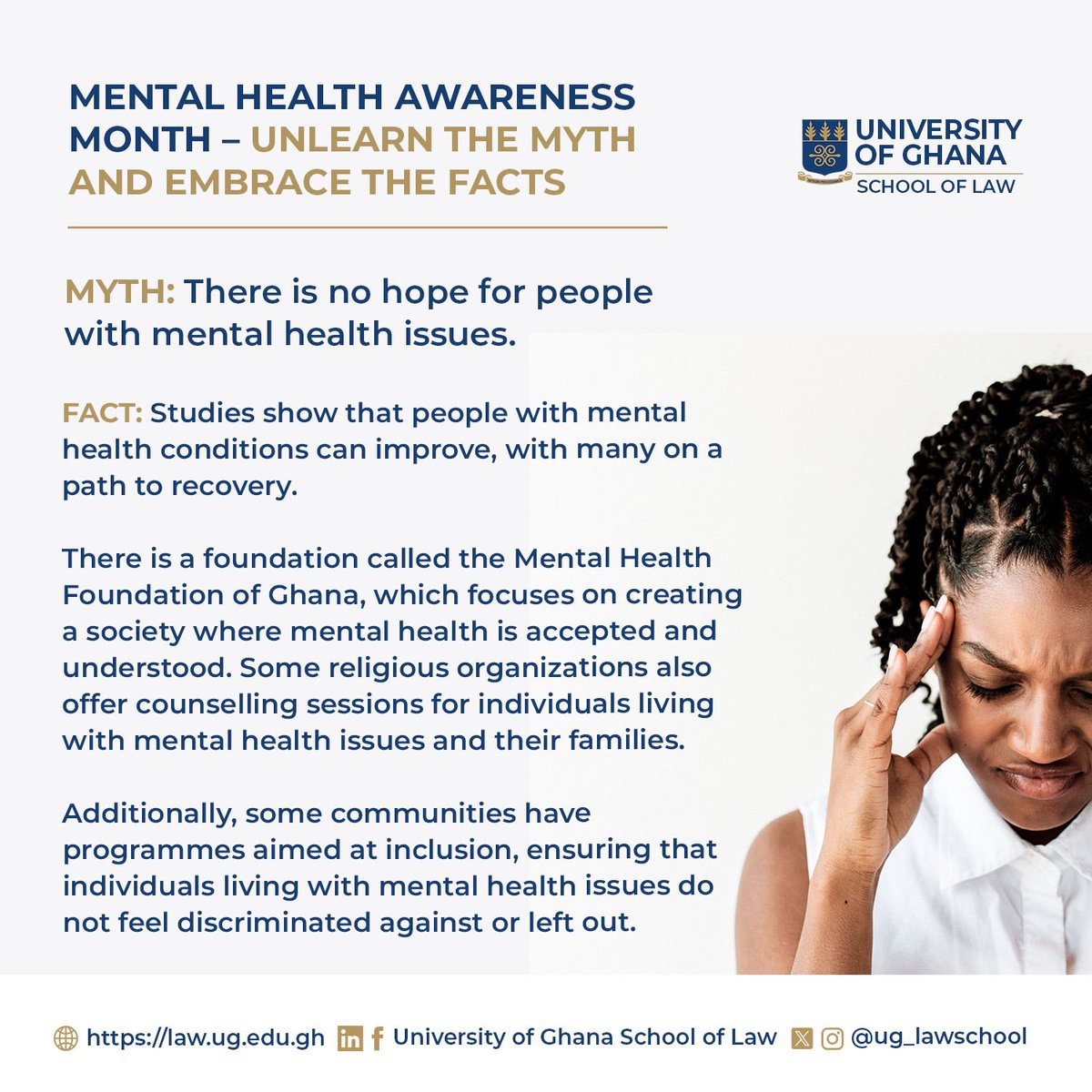 Volunteer at institutions and programmes aimed at offering support for persons living with mental health challenges. 
Your show of care and support is a great step towards helping them live normal lives🥳❤‍🔥✌🏻#UGSoL #law #schooloflaw #mentalhealthawareness #showlove #spreadlove