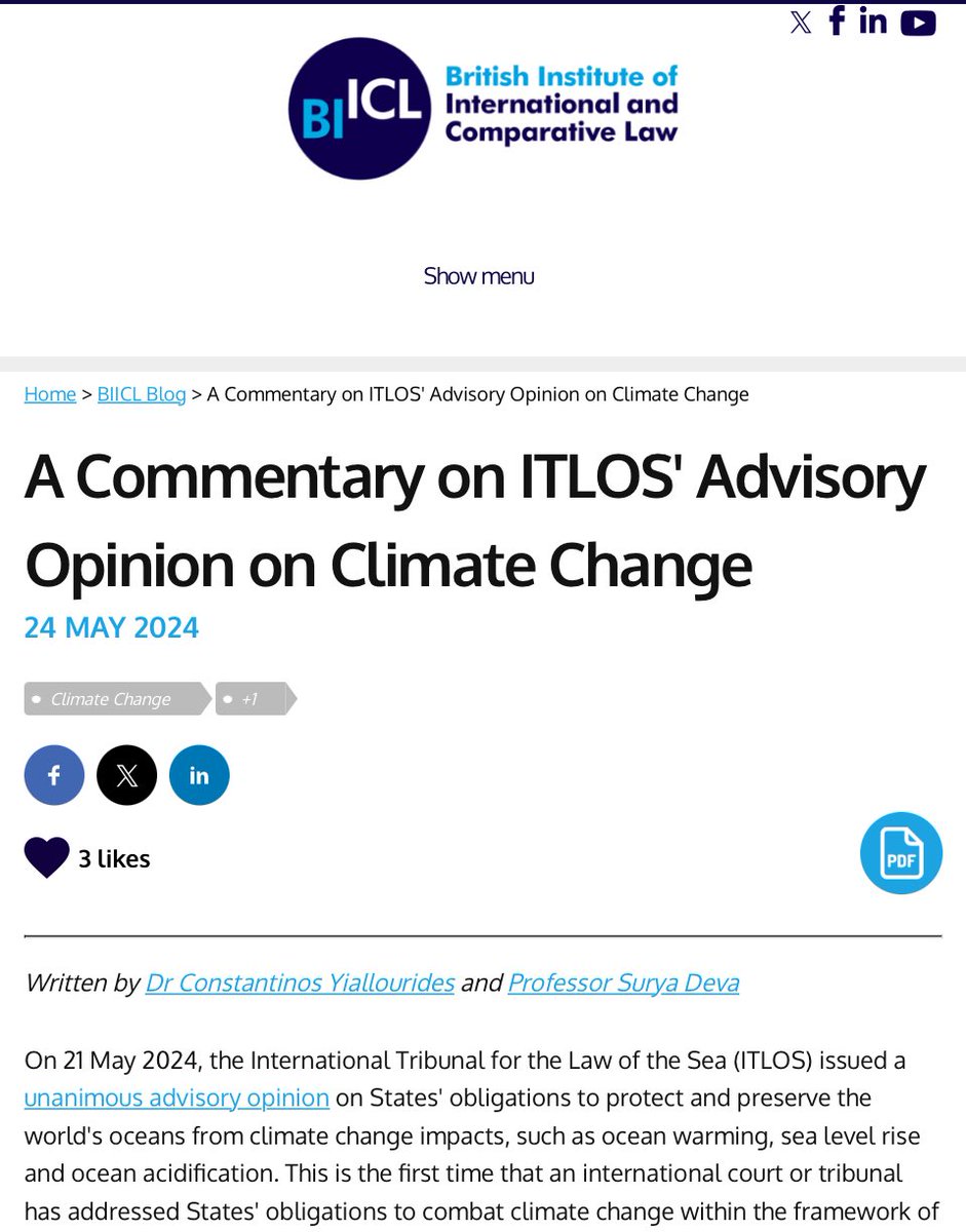 Excited to share our latest on the @BIICL blog: “A Commentary on ITLOS' Advisory Opinion on Climate Change” - with @ProfSuryaDeva @Macquarie_Uni #UNCLOS #LawoftheSea #ClimateChange @MacquarieCEL 🔖Read it here: biicl.org/blog/77/a-comm…
