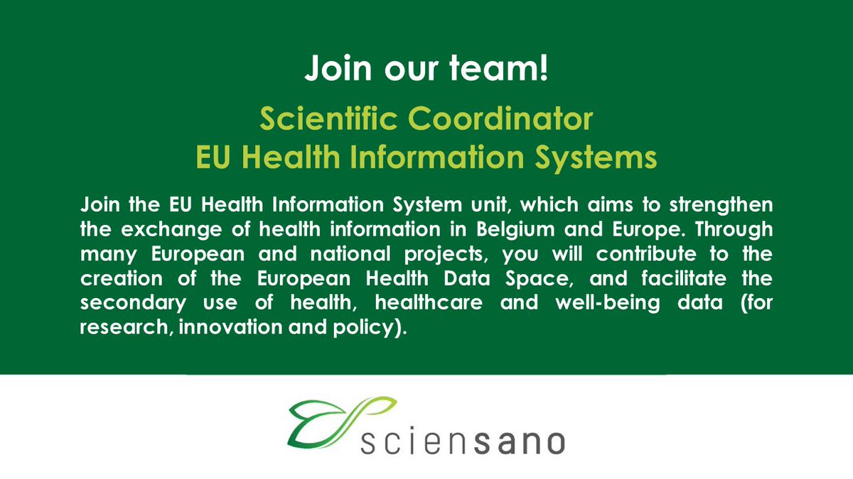 Our unit is recruiting! 🫵 Join our team at @sciensano, and contribute to better #PublicHealth #research in 🇧🇪 and 🇪🇺 by fostering the exchange of health information, and the secondary use of #healthdata within the new European Health Data Space #EHDS. 👉 jobs.sciensano.be/content/jobpag…