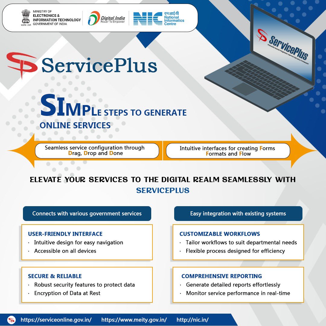 NICMeity's tweet image. Transforming service delivery with #ServicePlus by @NICMeitY! 

The metadata-driven framework, based on LowCode–NoCode architecture, streamlines online service design. 
Effortlessly deliver electronic services to citizens with ease.

#NICMeitY #DigitalIndia #DigitalTransformation