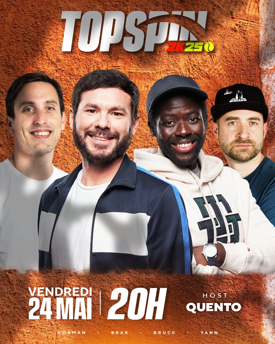 LIVE CE SOIR à 20h ! 
Objectif TOP 4 sur ce tournoi #topspin2k25 ! 
J'annonce, je ne gagne pas un set mais ça va être fun. Merci <a href="/2KFrance/">2K France</a> 
#Publicité
twitch.tv/yann
