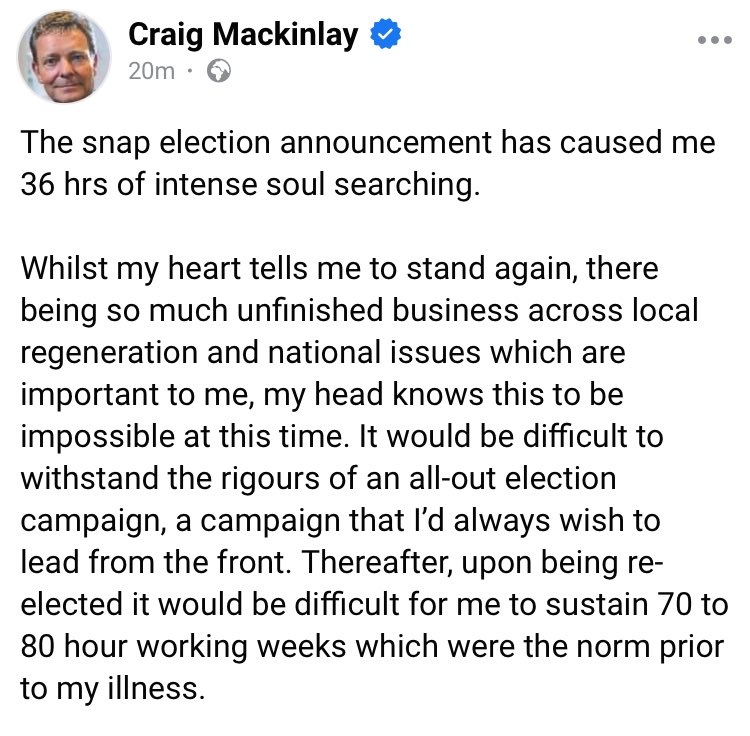 The South Thanet MP @cmackinlay announces he will be standing down at the election because campaigning “would be impossible at this time”. He returned to Parliament on Wednesday after losing his hands and feet to sepsis. @bbcsoutheast