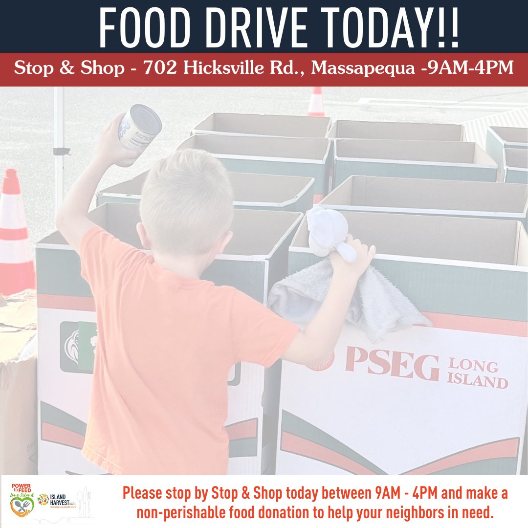 🌟 Join us TODAY for the @PSEGLI #PowerToFeed Food Drive in #Massapequa at @StopandShop! 🌟 Let's come together to make a difference in our community. Can't come by? You can still help. Visit loom.ly/KW-6-fg #IslandHarvest