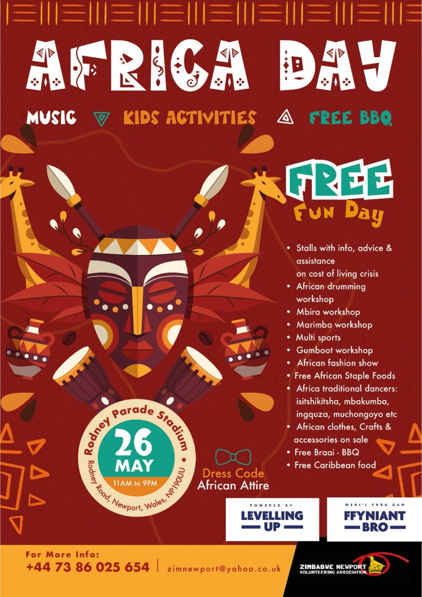Africa day is here at <a href="/rodneyparade/">Rodney Parade</a> on Sunday. African artists are ready, all welcome to this free event with FREE FOOD. <a href="/jessicamordenmp/">Jessica Morden MP</a> <a href="/JGriffithsLab/">John Griffiths MS</a> <a href="/NewportCouncil/">Newport City Council</a> <a href="/SSAPWales/">SSAP</a> <a href="/walesafricalink/">Wales Africa Links</a> <a href="/Arts_Wales_/">Cyngor Celfyddydau Cymru | Arts Council of Wales</a> <a href="/NewportCityH/">Newport City Homes</a> <a href="/JBryantWales/">Jayne Bryant Newport West</a> #AfricaDay