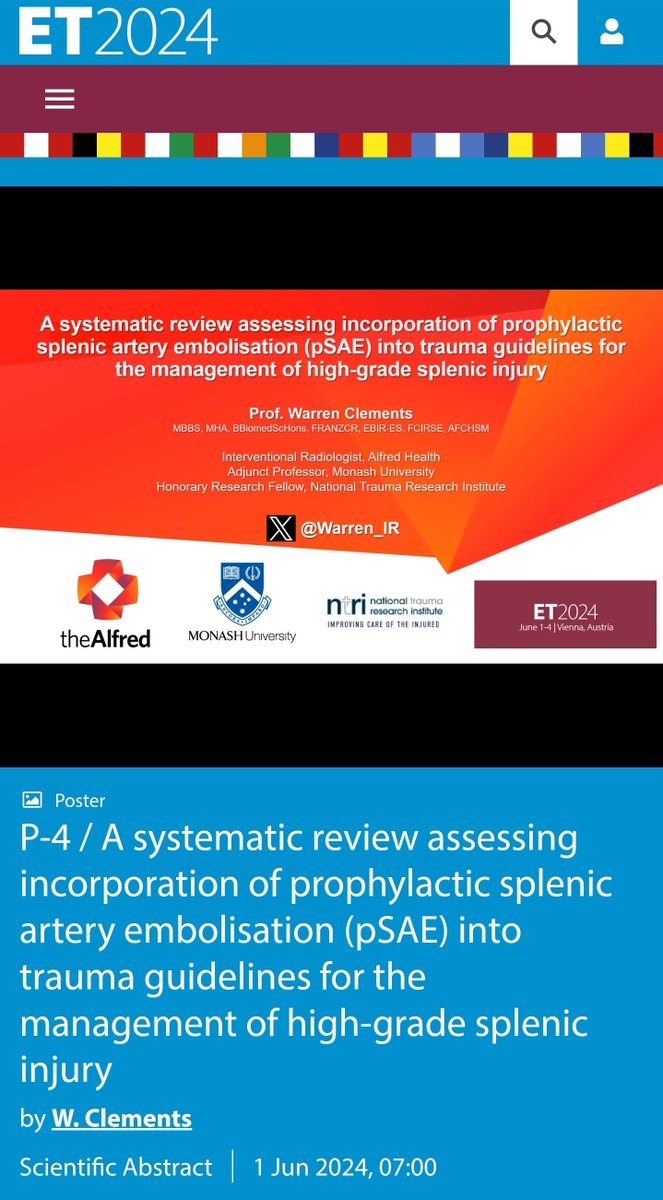 Prof. Warren Clements (@warren_ir) on Twitter photo Our #ET2024 poster is out!
P-4 / A systematic review assessing incorporation of prophylactic splenic artery embolisation (pSAE) into trauma guidelines for the management of high-grade splenic injury
programme.et2024.cirse.org/et2024/crs/p-4…
<a href="/cirsesociety/">CIRSE</a> <a href="/ETF_IRtrainees/">CIRSE European Trainee Forum</a> <a href="/IRSA_IRs/">IRSA</a> <a href="/Murthy_CS_/">Murthy_CS</a> Our #ET2024 poster is out!
P-4 / A systematic review assessing incorporation of prophylactic splenic artery embolisation (pSAE) into trauma guidelines for the management of high-grade splenic injury
programme.et2024.cirse.org/et2024/crs/p-4…
<a href="/cirsesociety/">CIRSE</a> <a href="/ETF_IRtrainees/">CIRSE European Trainee Forum</a> <a href="/IRSA_IRs/">IRSA</a> <a href="/Murthy_CS_/">Murthy_CS</a>